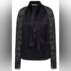 NWT Jonathan Simkhai tie-neck corded lace and silk-satin blouse